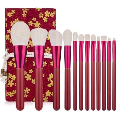 2020 High quality Natural Hair 12 PCS Red Makeup Brushes Ruby Loose Powder Eye Shadow Wool With Bag Brush Set for Girl's gift